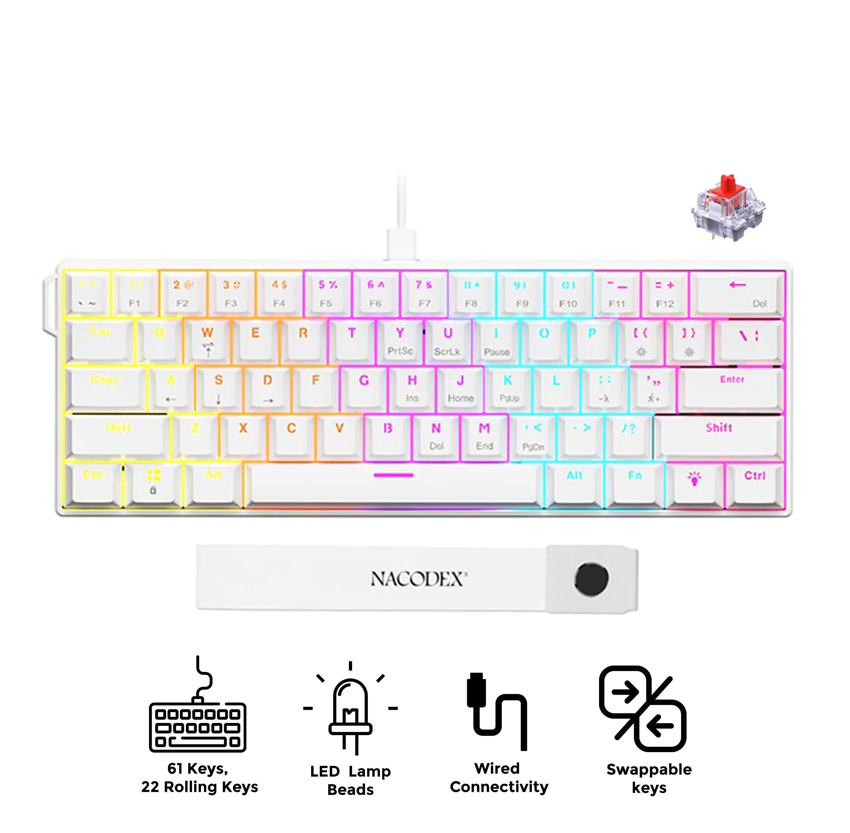 Nacodex x Ajazz NK61 Mixed Light 61 Keys Wired Hot-Swappable Mechanical Keyboard (Pearly White) (Red Switch)