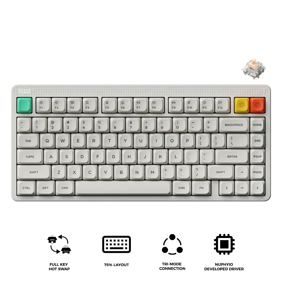 Nuphy Node75 High-Profile Hot-Swappable 82-Key Tri-Mode Wireless Mechanical Keyboard (Lunar White) (Blush Max Switch)