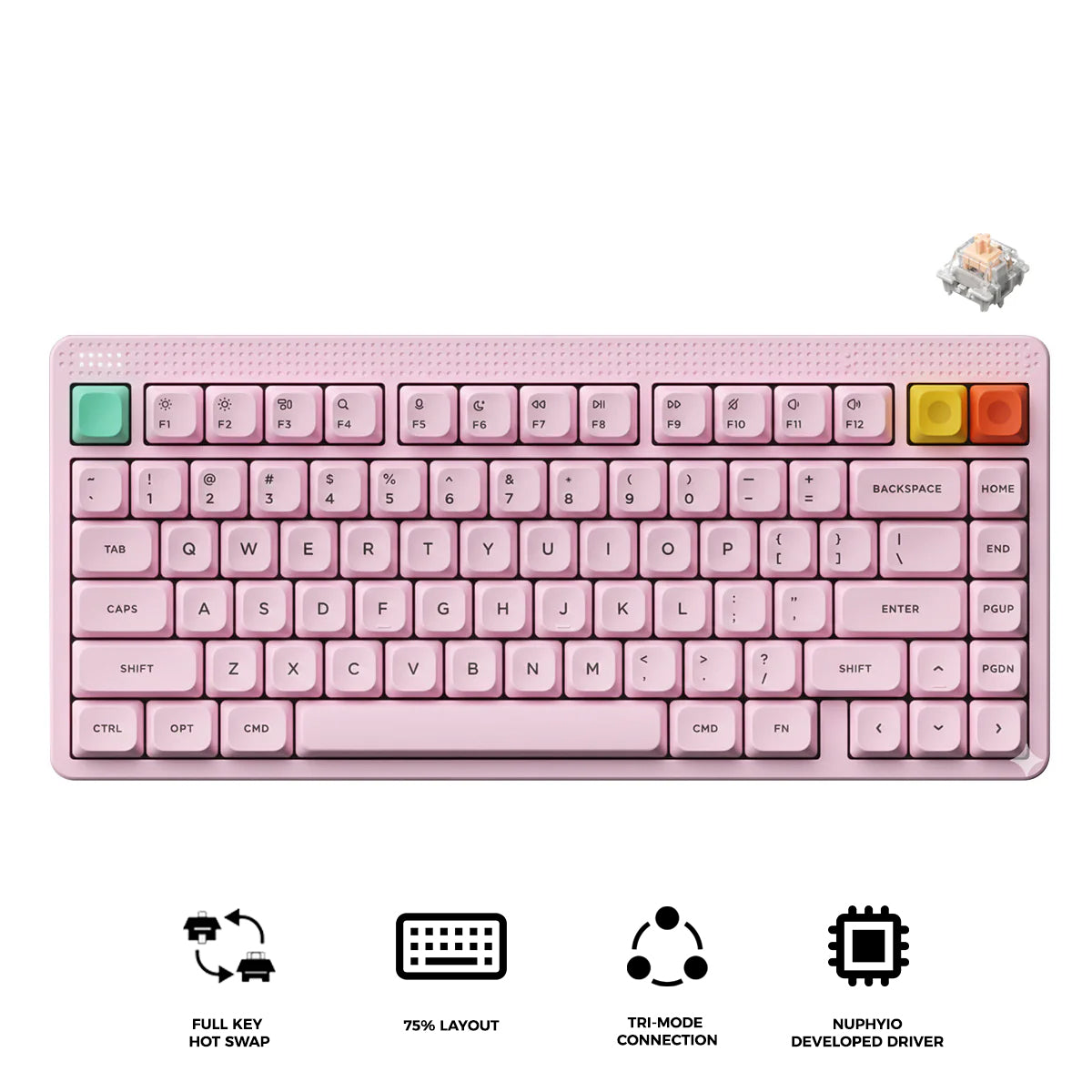 Nuphy Node75 High-Profile Hot-Swappable 82-Key Tri-Mode Wireless Mechanical Keyboard (Light Pink) (Blush Max Switch)