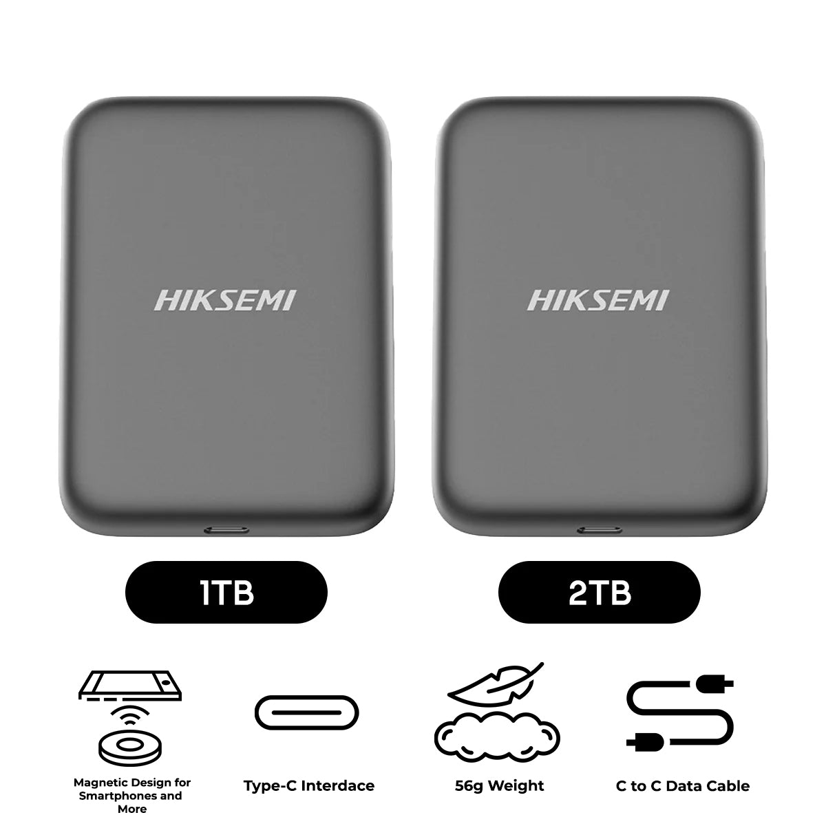 Hiksemi Elite 9 Magnet USB 3.2 Gen2 x2 Up to 2000MB/s Read & 1850Mb/s Write Type-C Portable SSD (Grey) (1TB, 2TB)