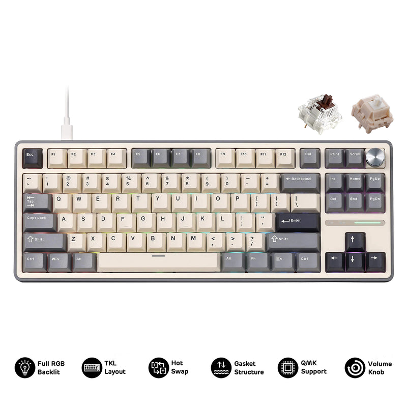 Royal Kludge R87Pro QMK Single-Mode RGB 81 Keys Hot-Swappable Mechanical Keyboard Half Grey (Creamy Switch, Brown Switch)