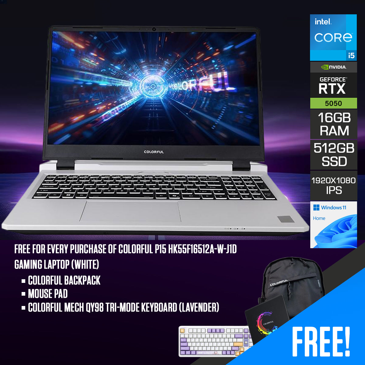 Colorful P15 HK55F16512A-W-J1D Gaming Laptop (White) | 15.6" FHD (1920x1080) IPS 144Hz | Core i5-13420H | 16GB RAM | 512GB SSD | RTX 5050 | Windows 11 Home | Colorful Backpack + Mouse Pad + Colorful Mech QY98 Tri-Mode Keyboard (Lavender)