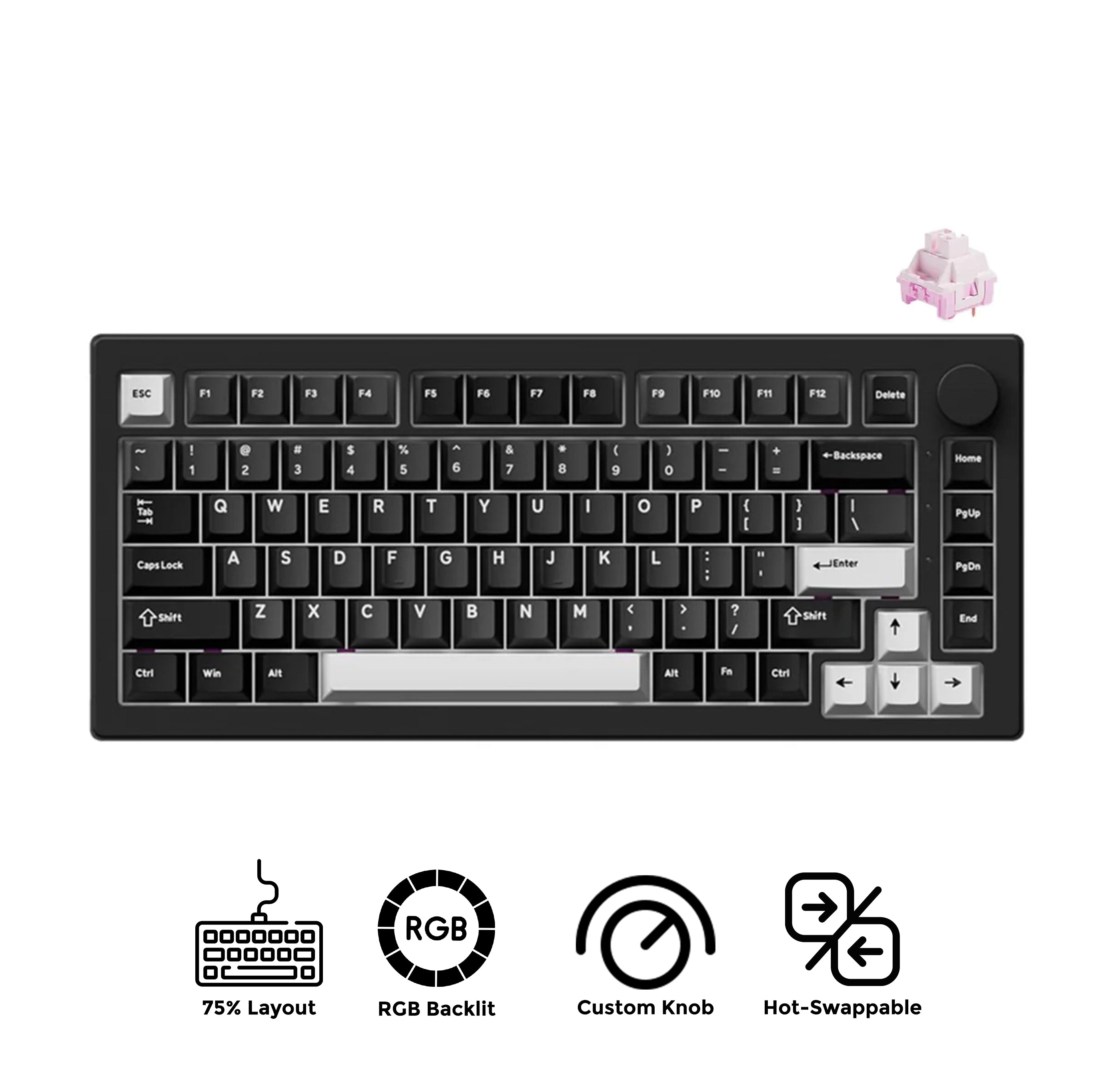 Akko 5075 V3 Multi-Mode RGB Hot-Swappable Mechanical Keyboard (Black & Silver) (Akko Frost Pink Switch)