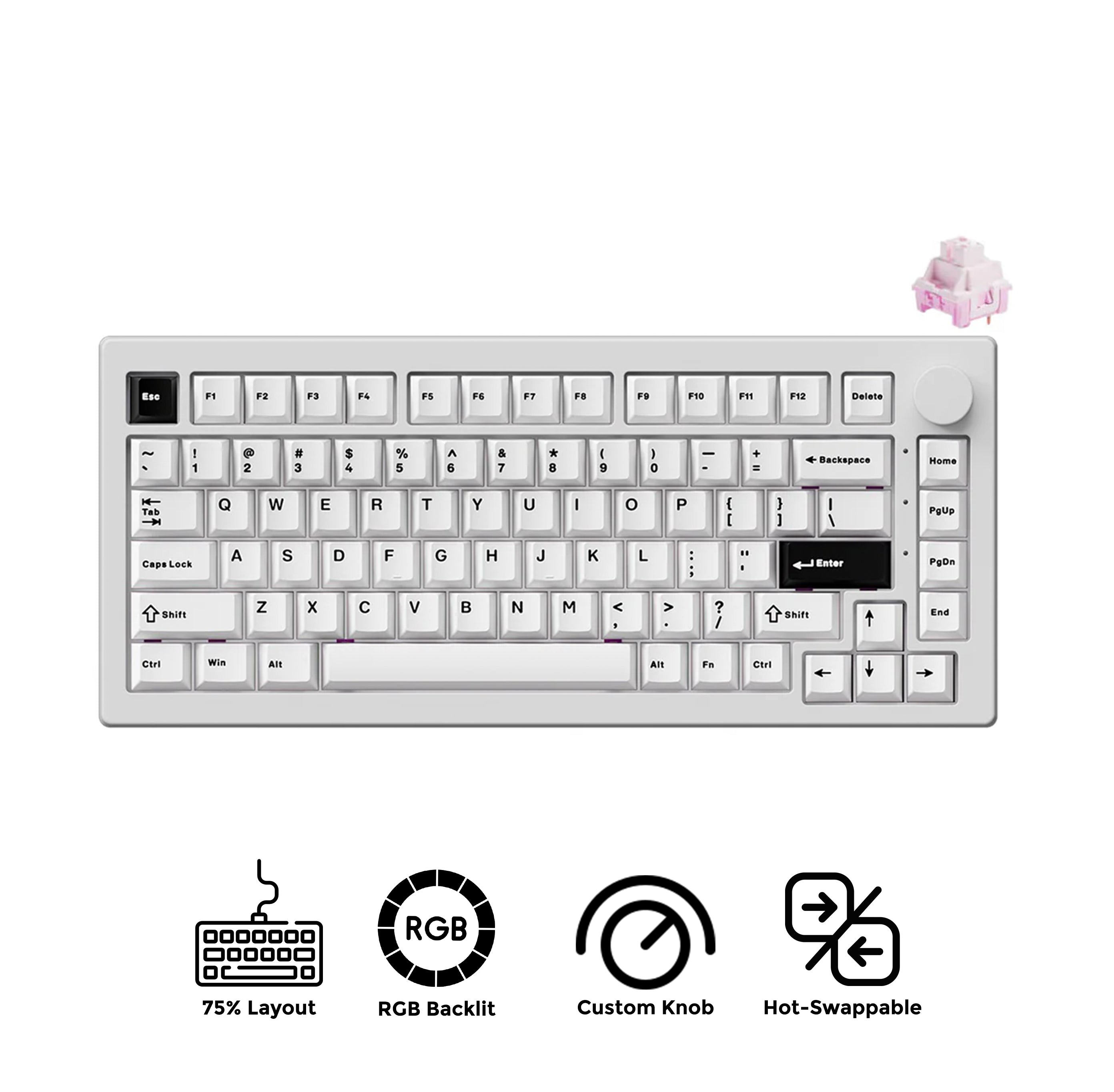 Akko 5075 V3 Multi-Mode RGB Hot-Swappable Mechanical Keyboard (Black on White) (Akko Frost Pink Switch)