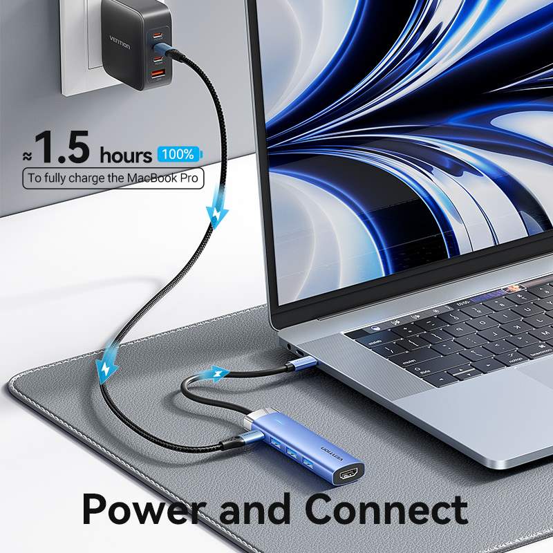 Vention 5-in-1 USB-C Docking Station - USB-C to HDMI + USB 3.0 x 3 + PD - 0.15M (Blue) (TGESB)