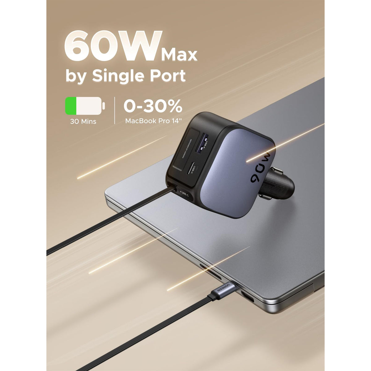 Ugreen Nexode 90W 1xUSB-C + 1xUSB-A Fast Car Charger with Retractable 