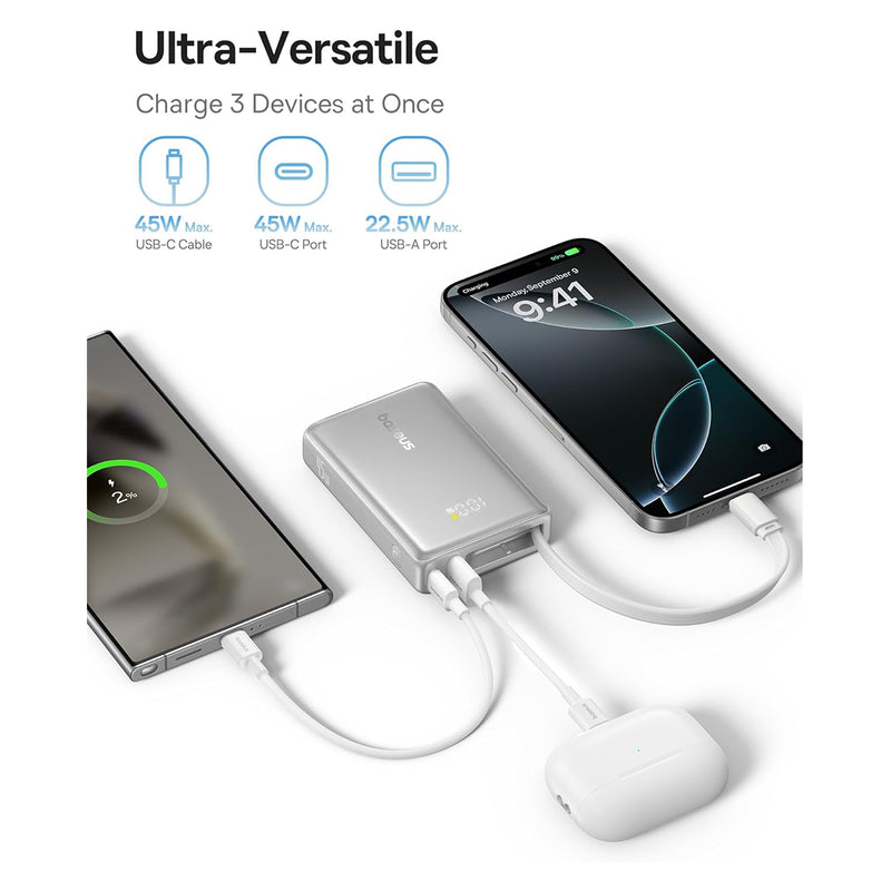Baseus PicoGo Digital Display Power Bank 10000mAh 45W with Built-in USB-C Cable (Galaxy Natural Titanium, Moon White)