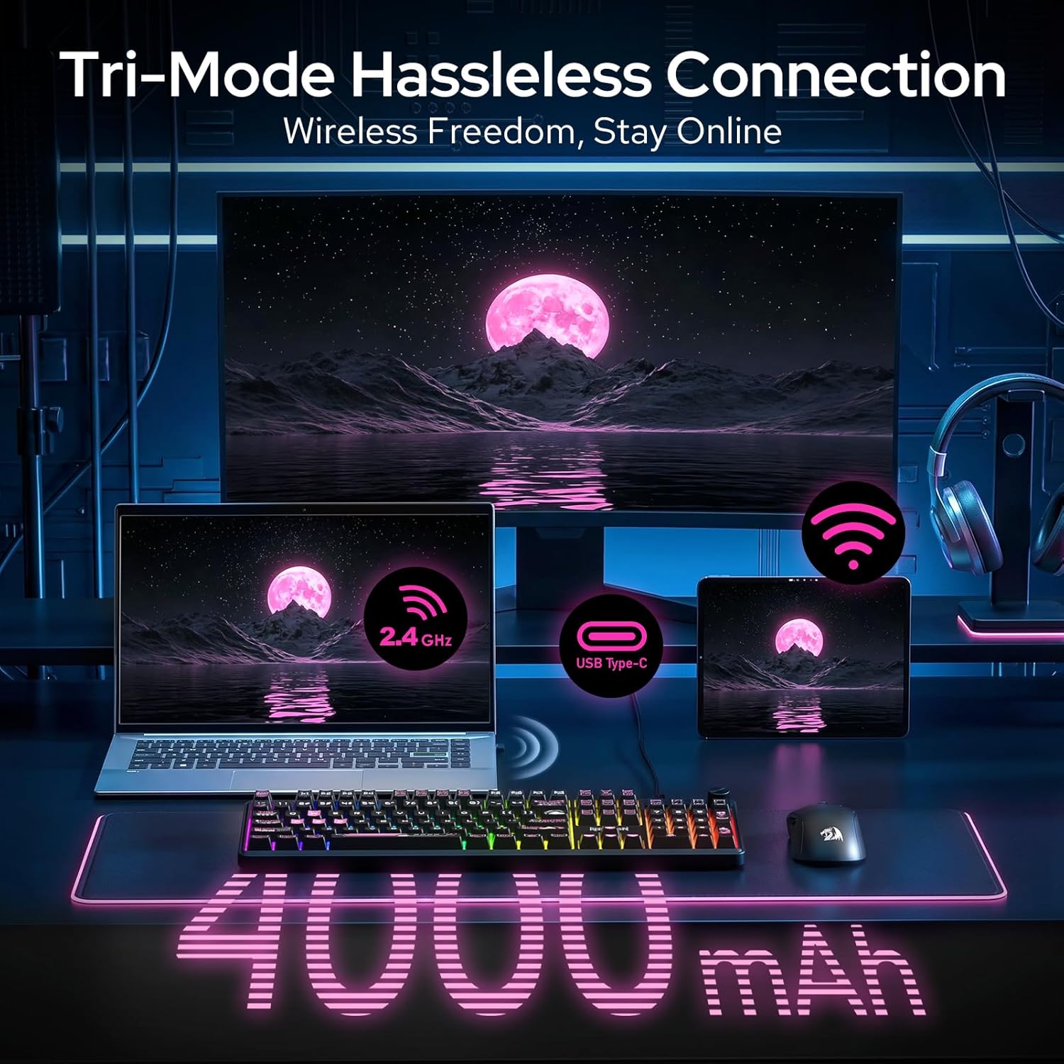 Redragon RM104 Pro Volcano Tri-Mode 104-Key Wireless RGB Membrane Mechanical Gaming Keyboard