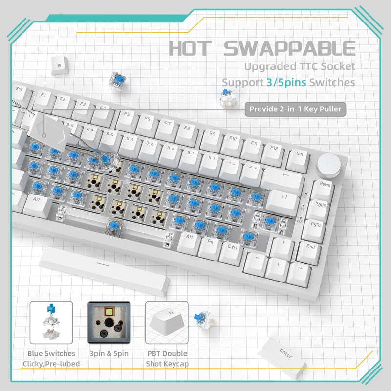 Ajazz AK820 White Backlit Wired 75% Hot-Swappable Mechanical Keyboard