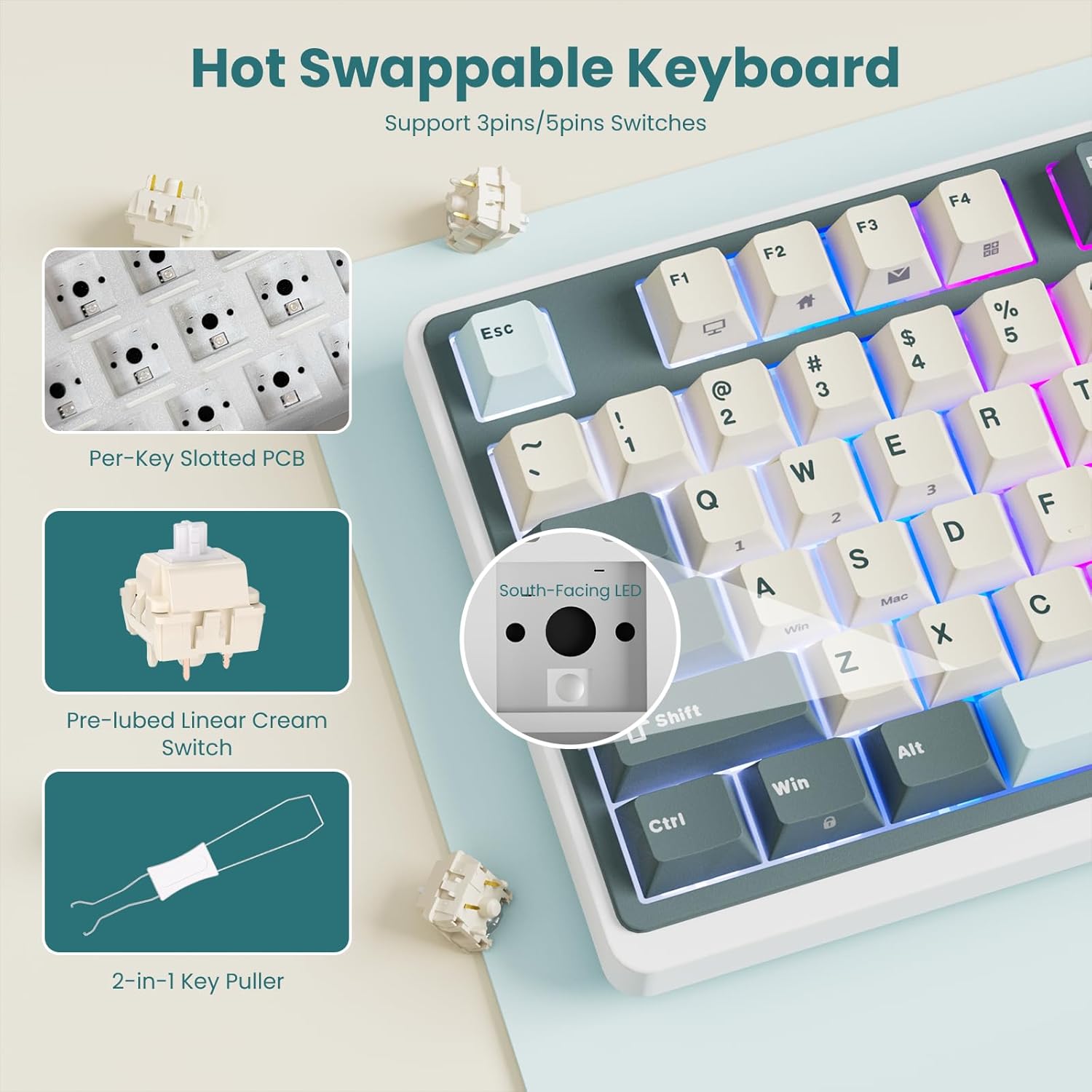 Royal Kludge RK-N99 Tri-Mode RGB 98 Keys Hot Swappable Mechanical Keyboard Moon