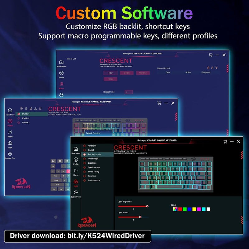 Redragon Crescent K524-RGB 75% Wired Gaming Keyboard With Macro Keys