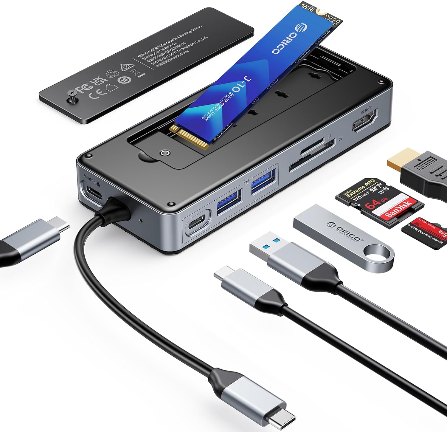Orico M.2 NVMe/SATA with 8in1 Multi Docking Hub 10Gbps USB-C 3.2 Gen2 PD100W (OM28P-G2) (Black)