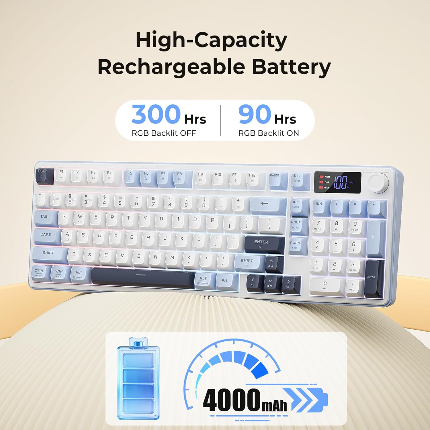 Redragon Aria Pro K527WBL Tri-Mode Ultra-Quiet Membrane RGB Keyboard with LCD Display & KnobControl
