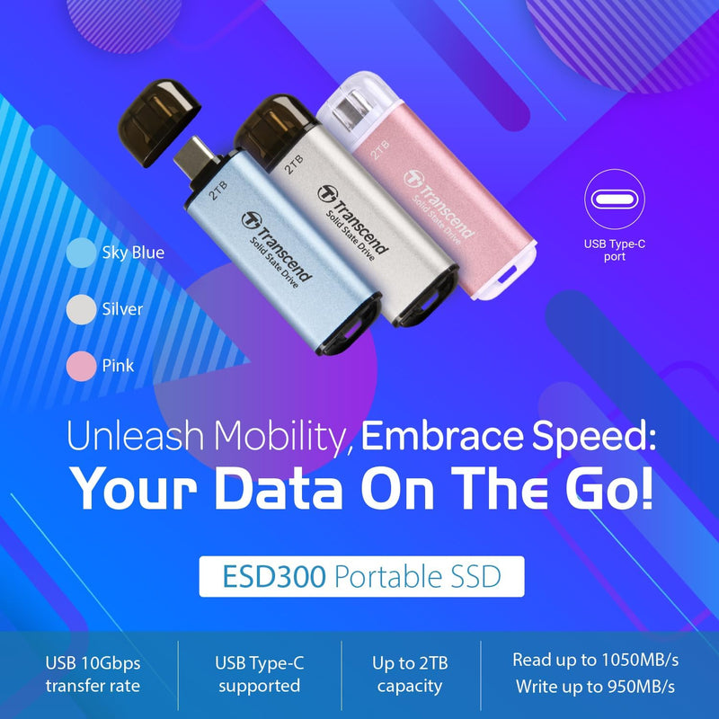 Transcend ESD300 512GB Dual USB 10Gbps Read up to 1050MB/s Type-C Portable SSD (Pink) (TS512GESD300P)