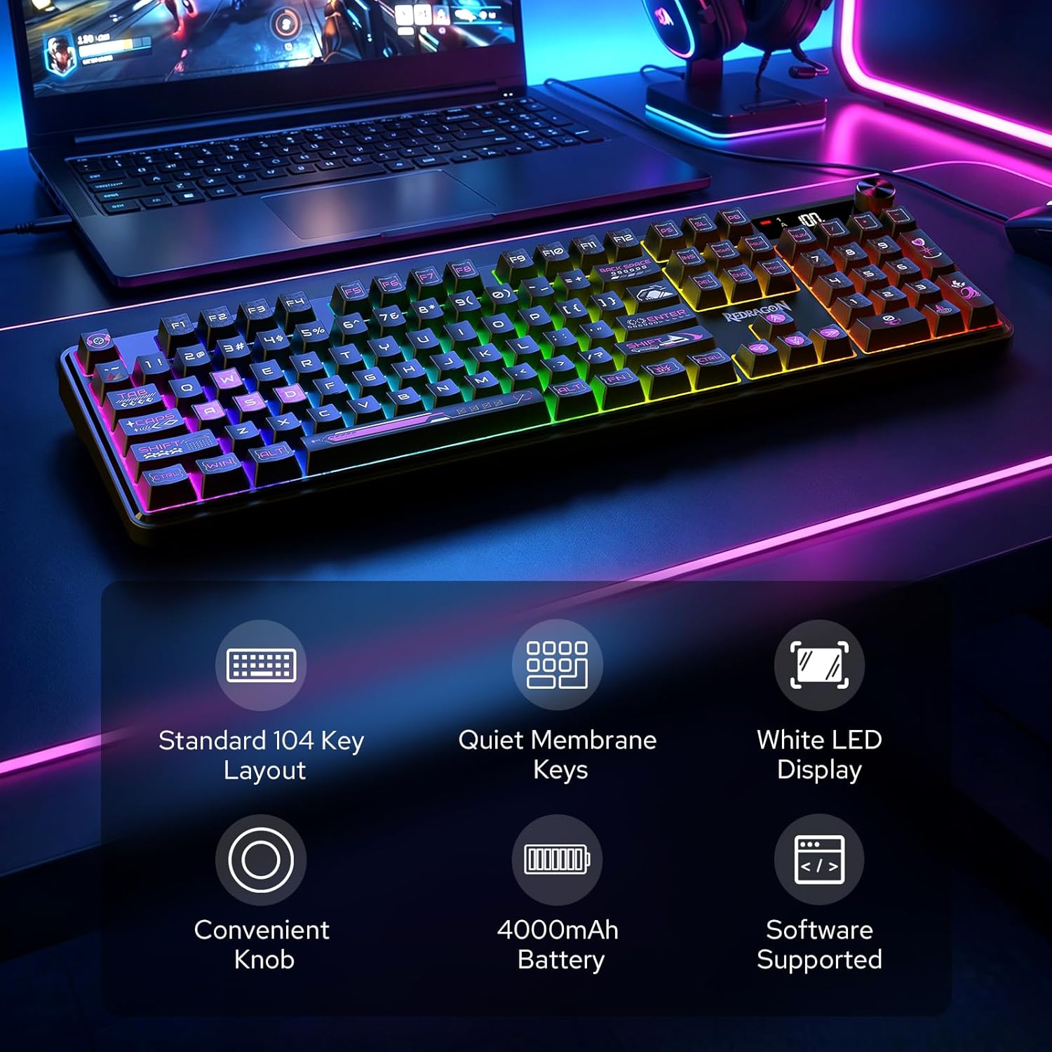 Redragon RM104 Pro Volcano Tri-Mode 104-Key Wireless RGB Membrane Mechanical Gaming Keyboard