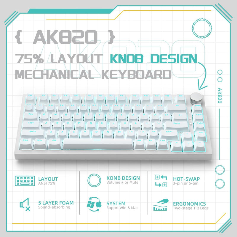 Ajazz AK820 White Backlit Wired 75% Hot-Swappable Mechanical Keyboard