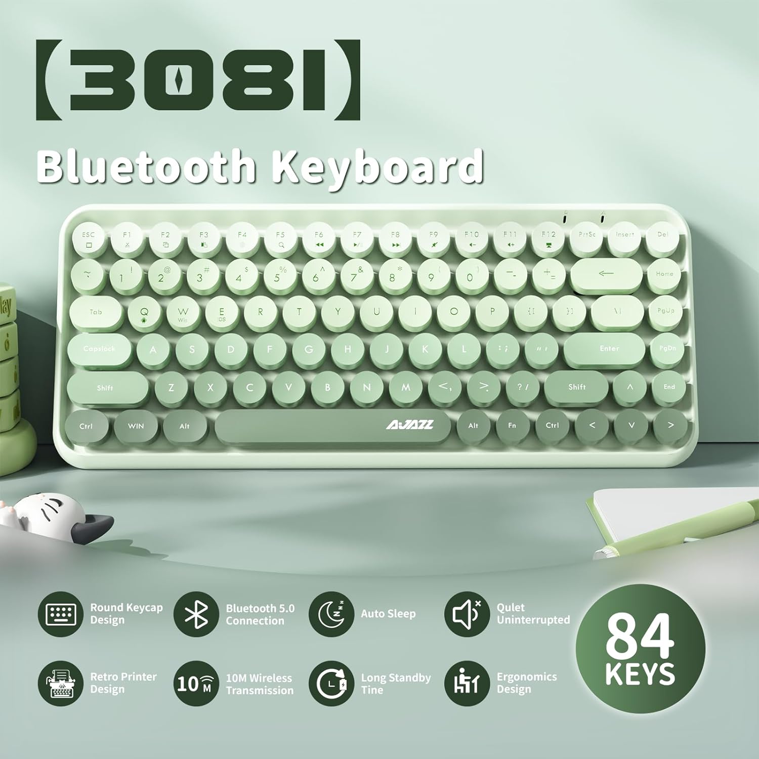 Ajazz 308I 84-Keys Bluetooth Wireless Membrane Keyboard (Milk Green)