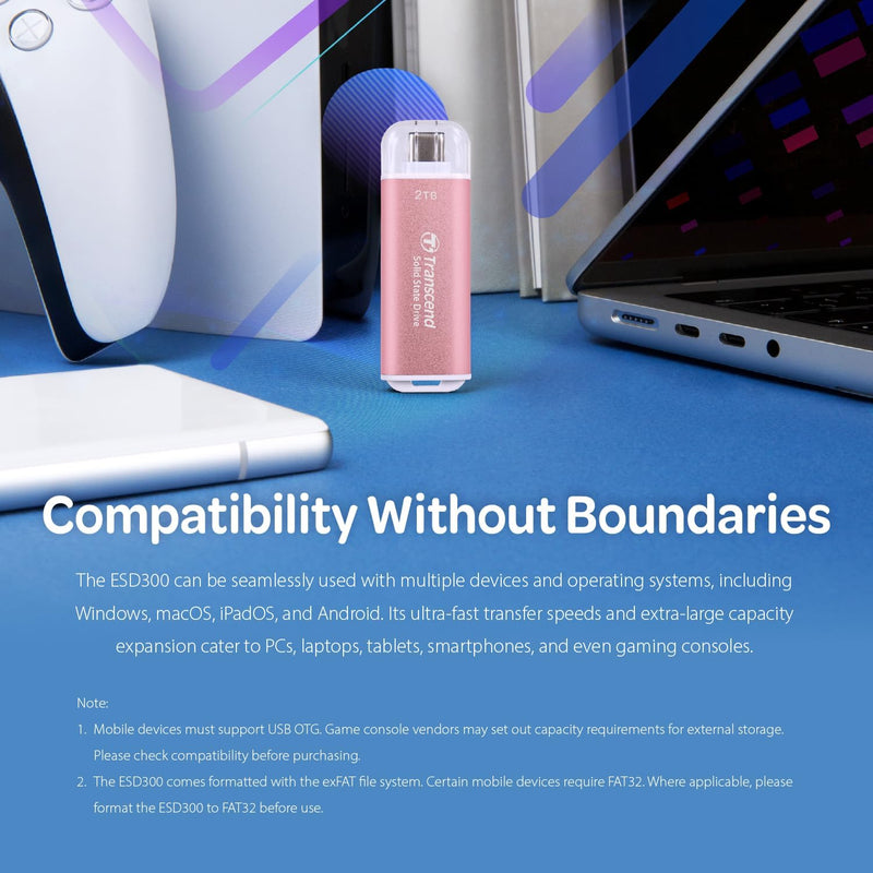 Transcend ESD300 512GB Dual USB 10Gbps Read up to 1050MB/s Type-C Portable SSD (Pink) (TS512GESD300P)