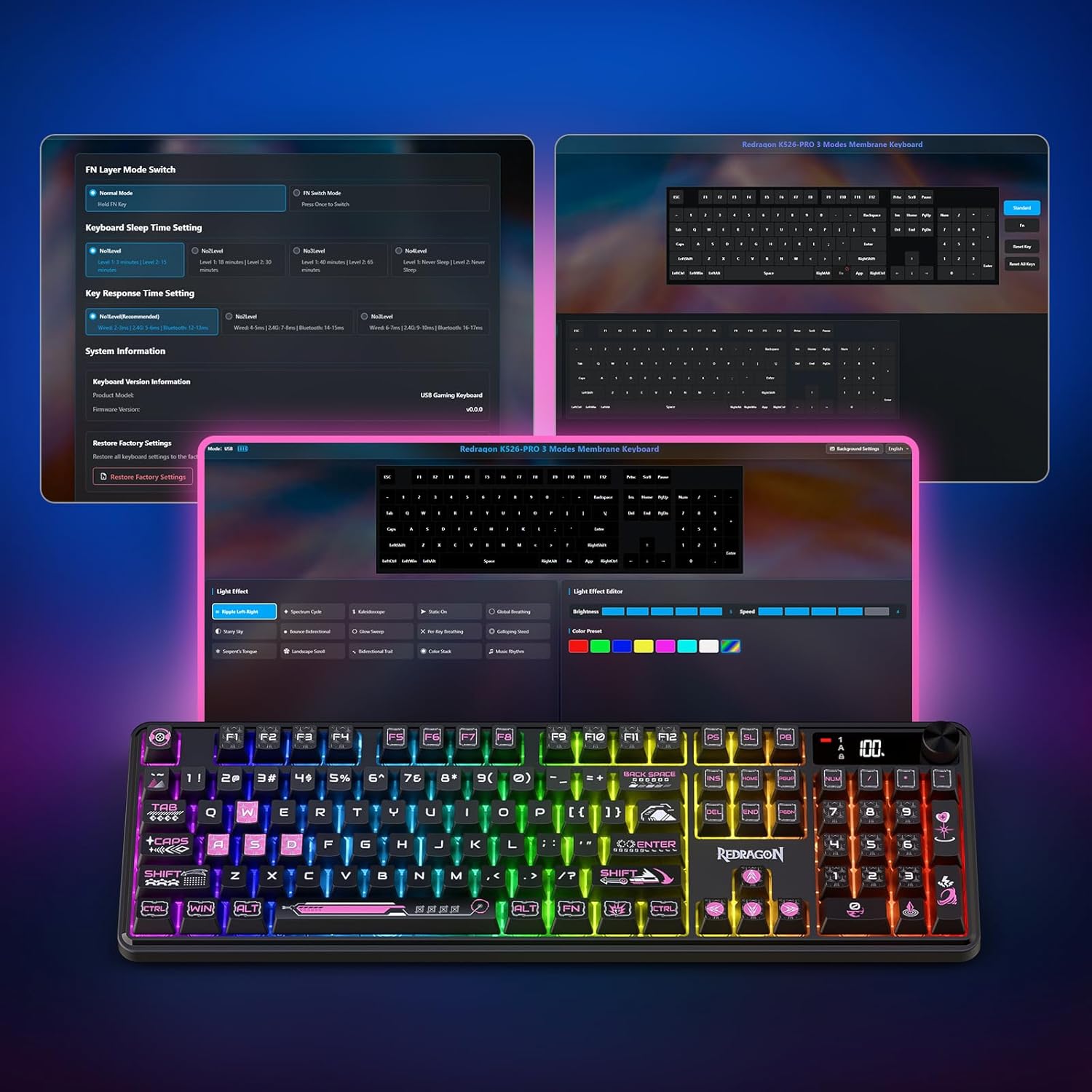 Redragon RM104 Pro Volcano Tri-Mode 104-Key Wireless RGB Membrane Mechanical Gaming Keyboard