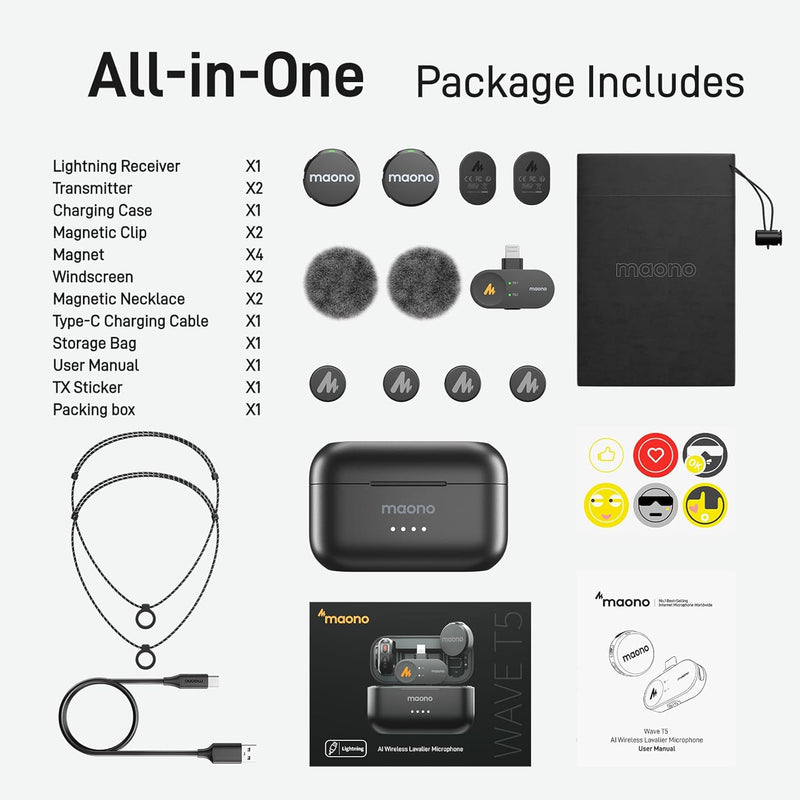 Maono Wave T5 WM650 PB2 AI Wireless Lavalier Microphone for Lightning /iPhone 14/13/12/11
