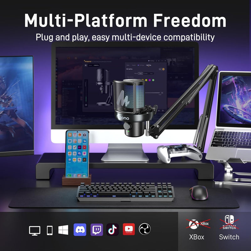 Maono DM40 Pro S Wireless RGB Condenser Gaming Desktop Microphone with Boom Arm 