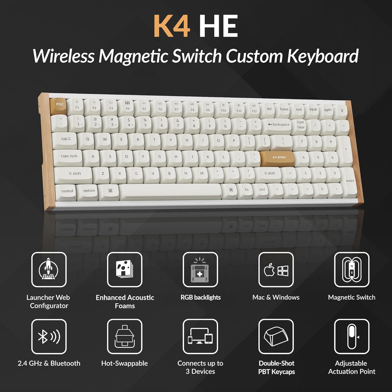 Keychron K4 HE Special Ed. Hot-Swappable RGB Backlight 96% Wireless Magnetic Switch Custom Keyboard - White (Gateron Double-Rail Magnetic Nebula Switch) (K4H-Q1)