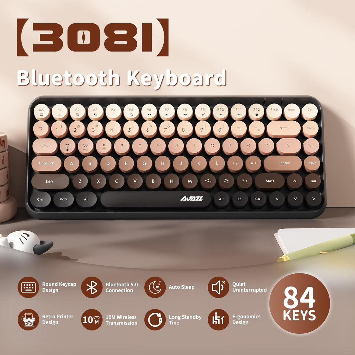 Ajazz 308I 84-Keys Bluetooth Wireless Membrane Keyboard (Bean Paste)