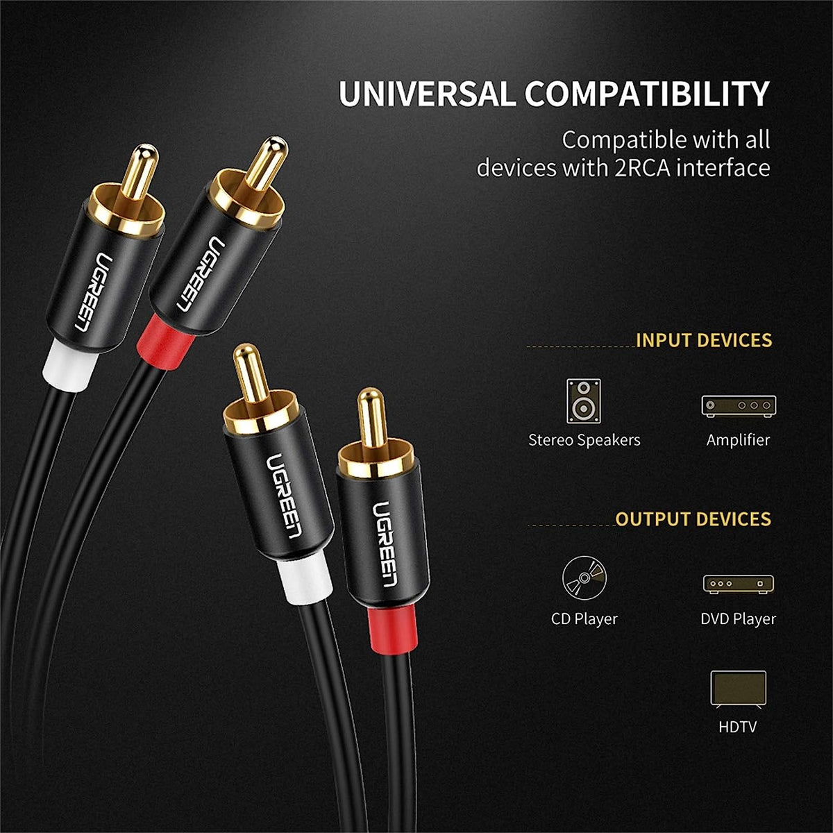 UGreen 2 RCA Male To 2 RCA Male Audio Cable  (Black) (AV104)