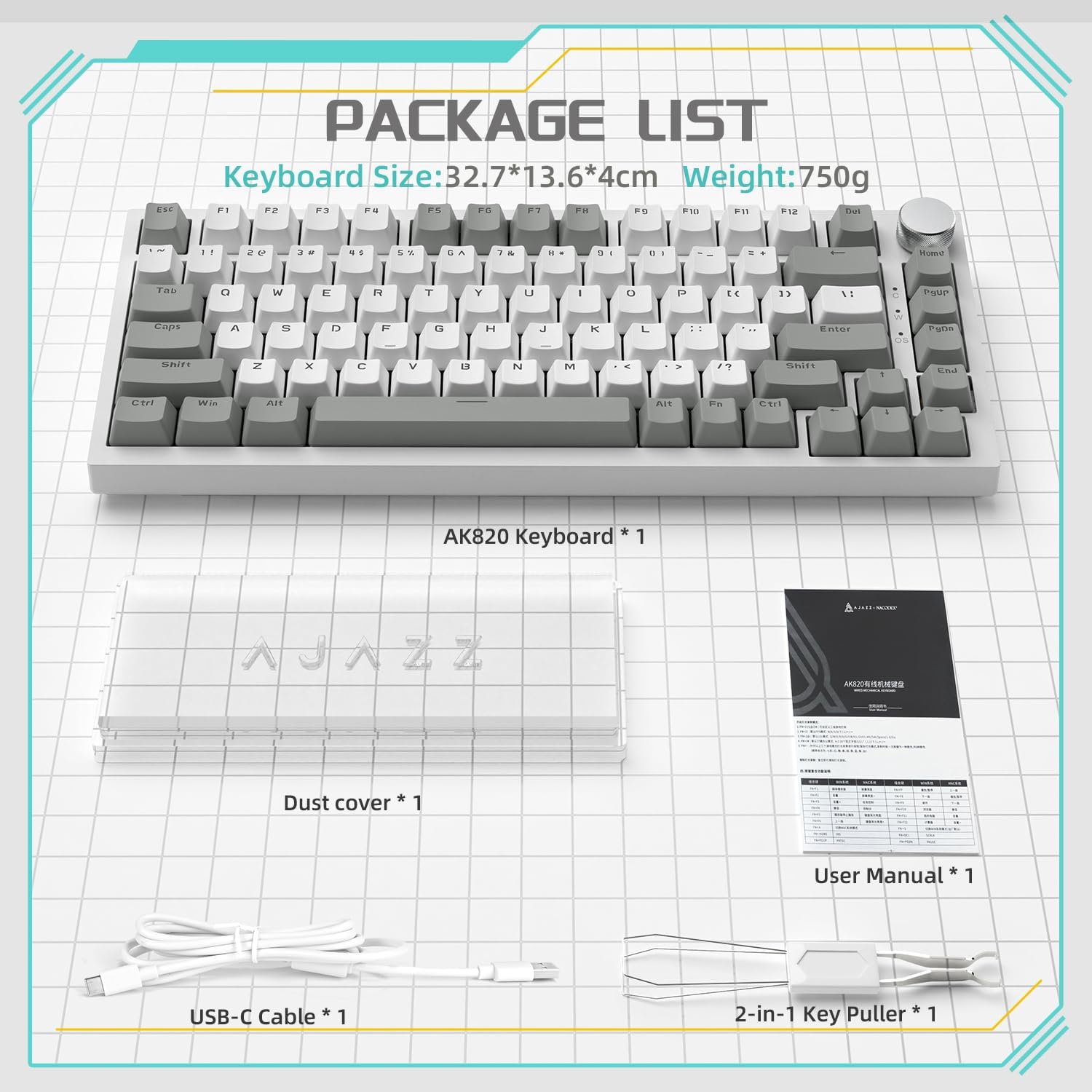 Ajazz AK820 White Backlit Wired 75% Hot-Swappable Mechanical Keyboard (Grey/White) (Red Switch)