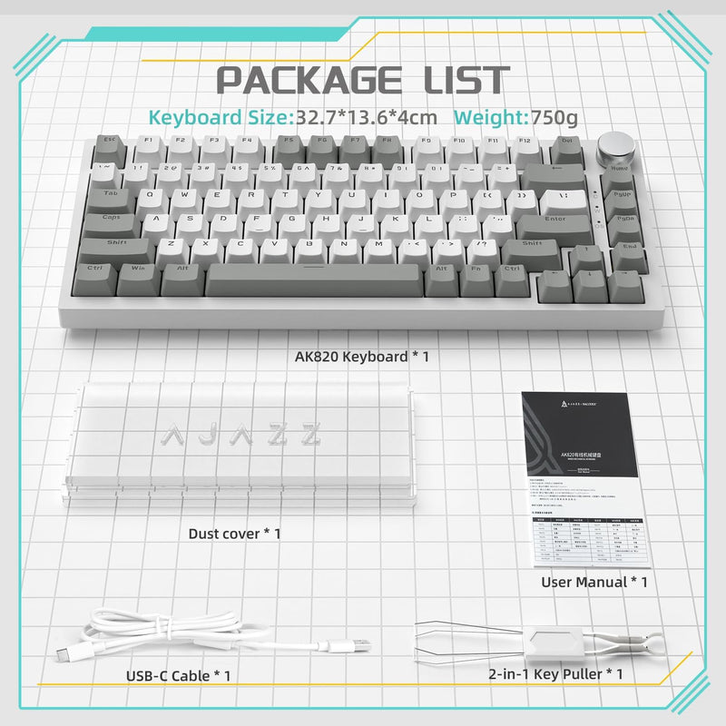 Ajazz AK820 White Backlit Wired 75% Hot-Swappable Mechanical Keyboard (Grey/White) (Red Switch)