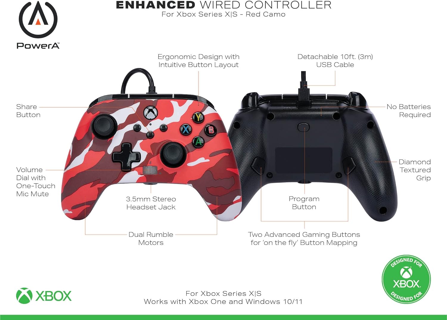 Power A Xbox Enhanced Wired Controller Red Camo For Xbox