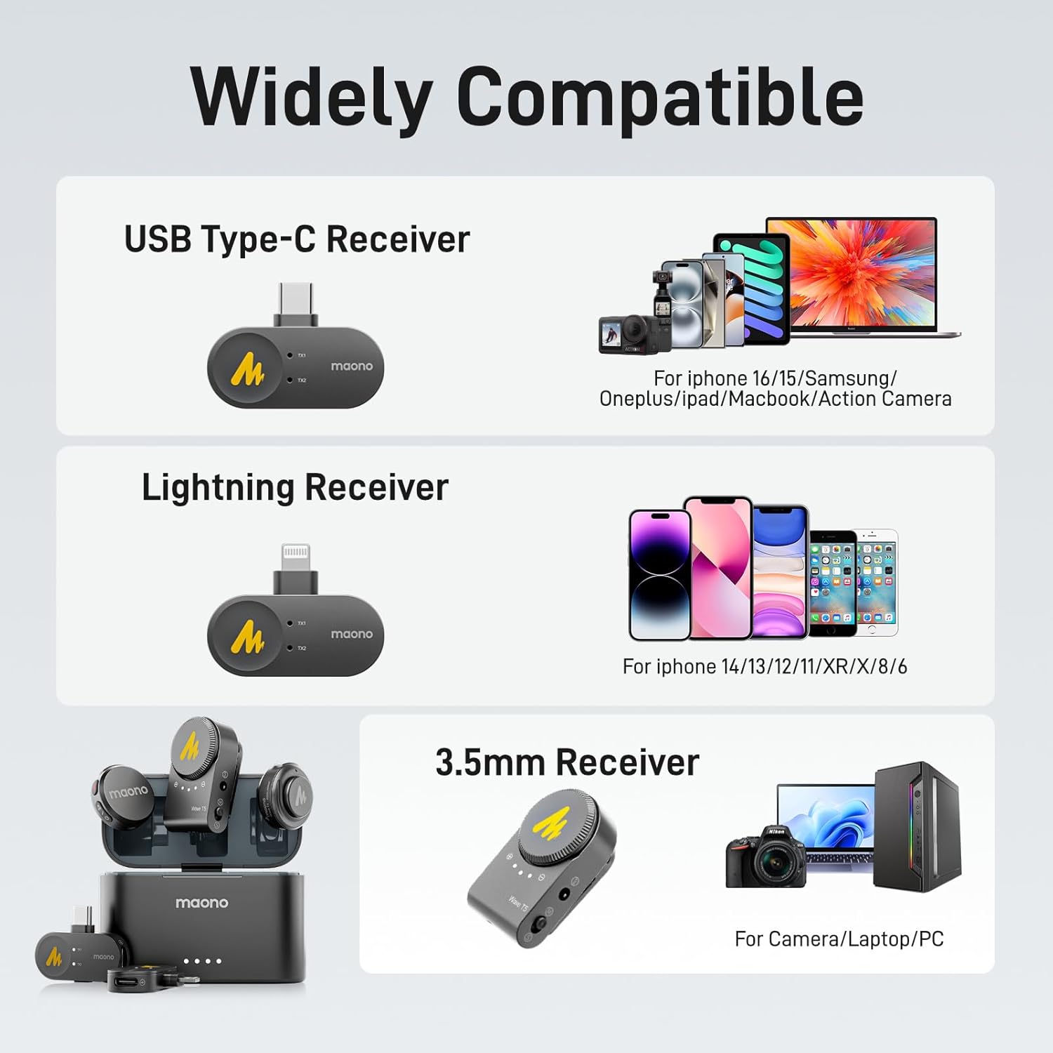 Maono Wave T5 WM650 PA3 AI Wireless Lavalier Microphone Combo Version for Camera / Lightning / Type-C