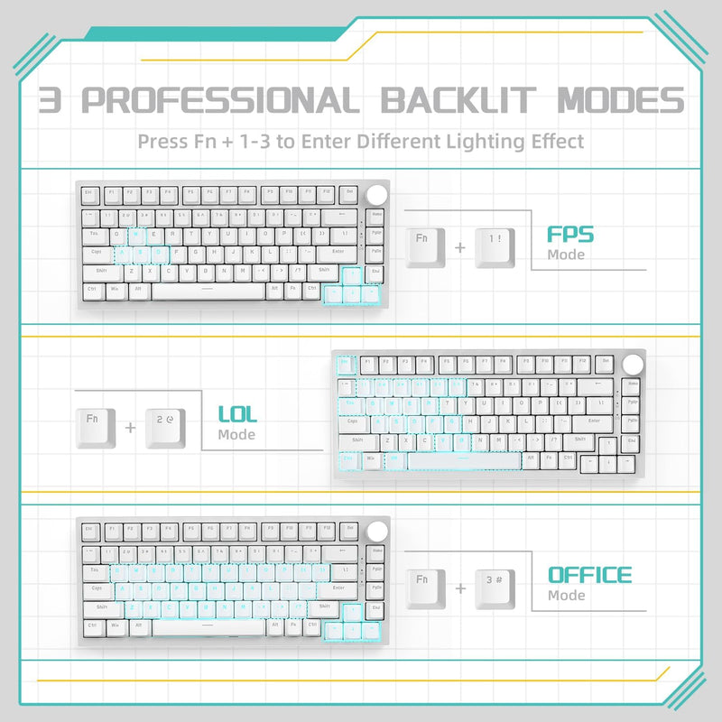 Ajazz AK820 White Backlit Wired 75% Hot-Swappable Mechanical Keyboard