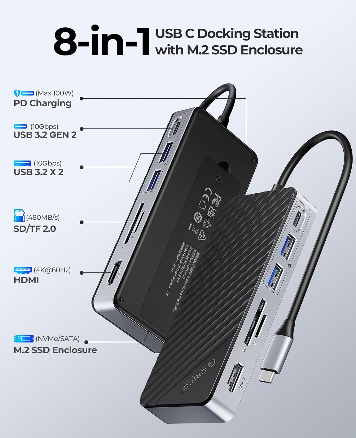 Orico M.2 NVMe/SATA with 8in1 Multi Docking Hub 10Gbps USB-C 3.2 Gen2 PD100W (OM28P-G2) (Black)