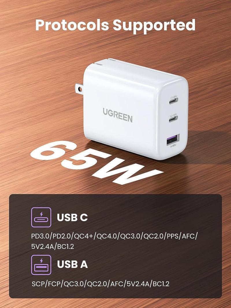 UGreen 65W 3-Port 2C1A GAN Tech Fast Charger (White) (CD275/90495)