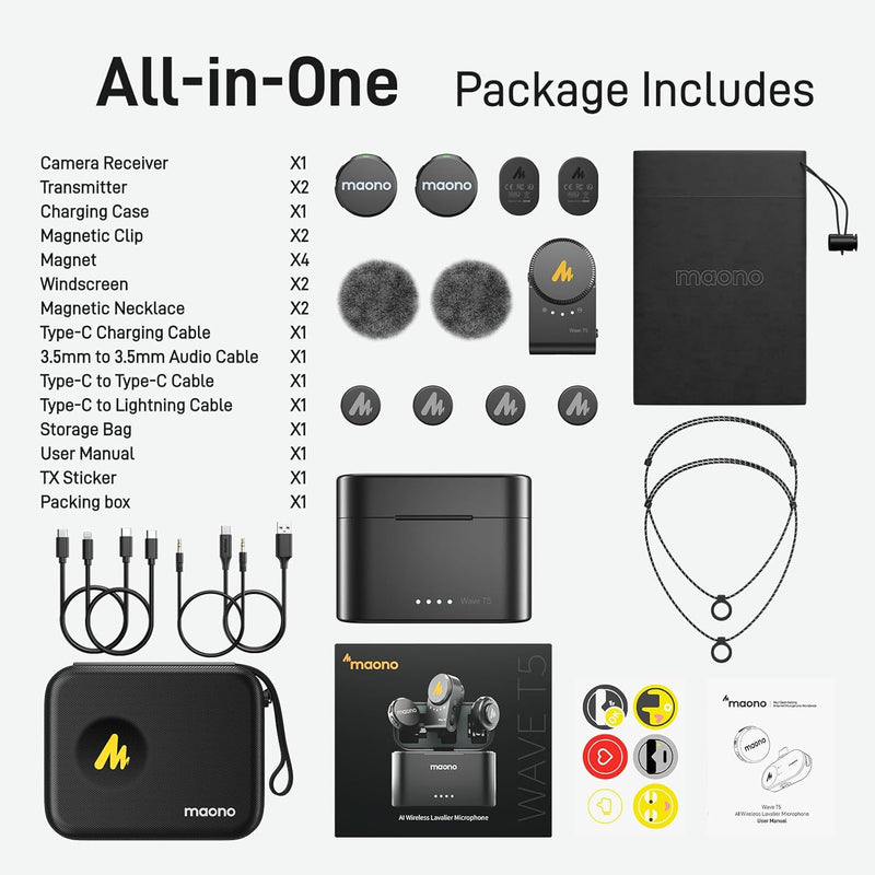 Maono Wave T5 WM650 PA2 AI Wireless Lavalier Microphone for Camera