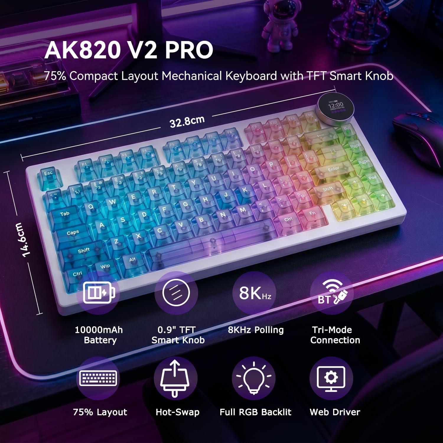Ajazz AK820 V2 Pro RGB Tri-Mode Mechanical Keyboard (TransparentColor)