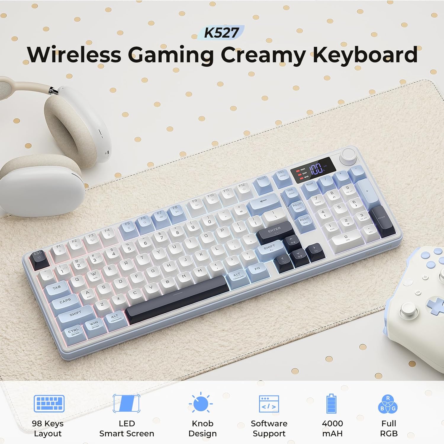 Redragon Aria Pro K527WBL Tri-Mode Ultra-Quiet Membrane RGB Keyboard with LCD Display & KnobControl
