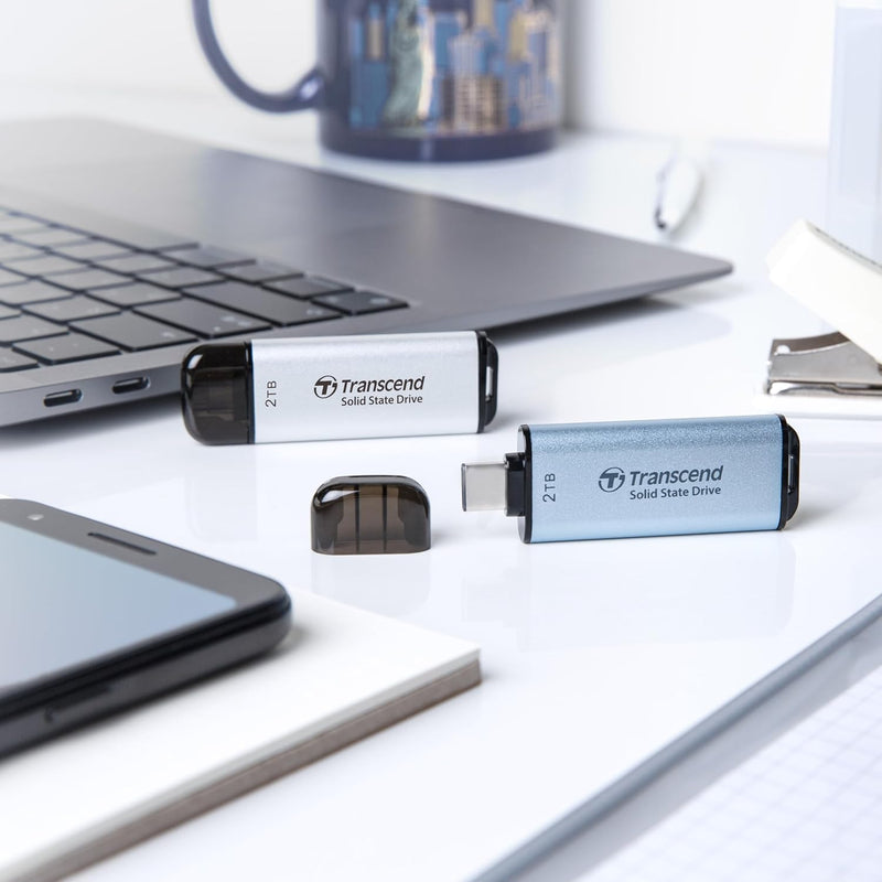 Transcend ESD300 2TB Dual USB 10Gbps Read up to 1050MB/s Type-C Portable SSD (Silver) (TS2TESD300S)