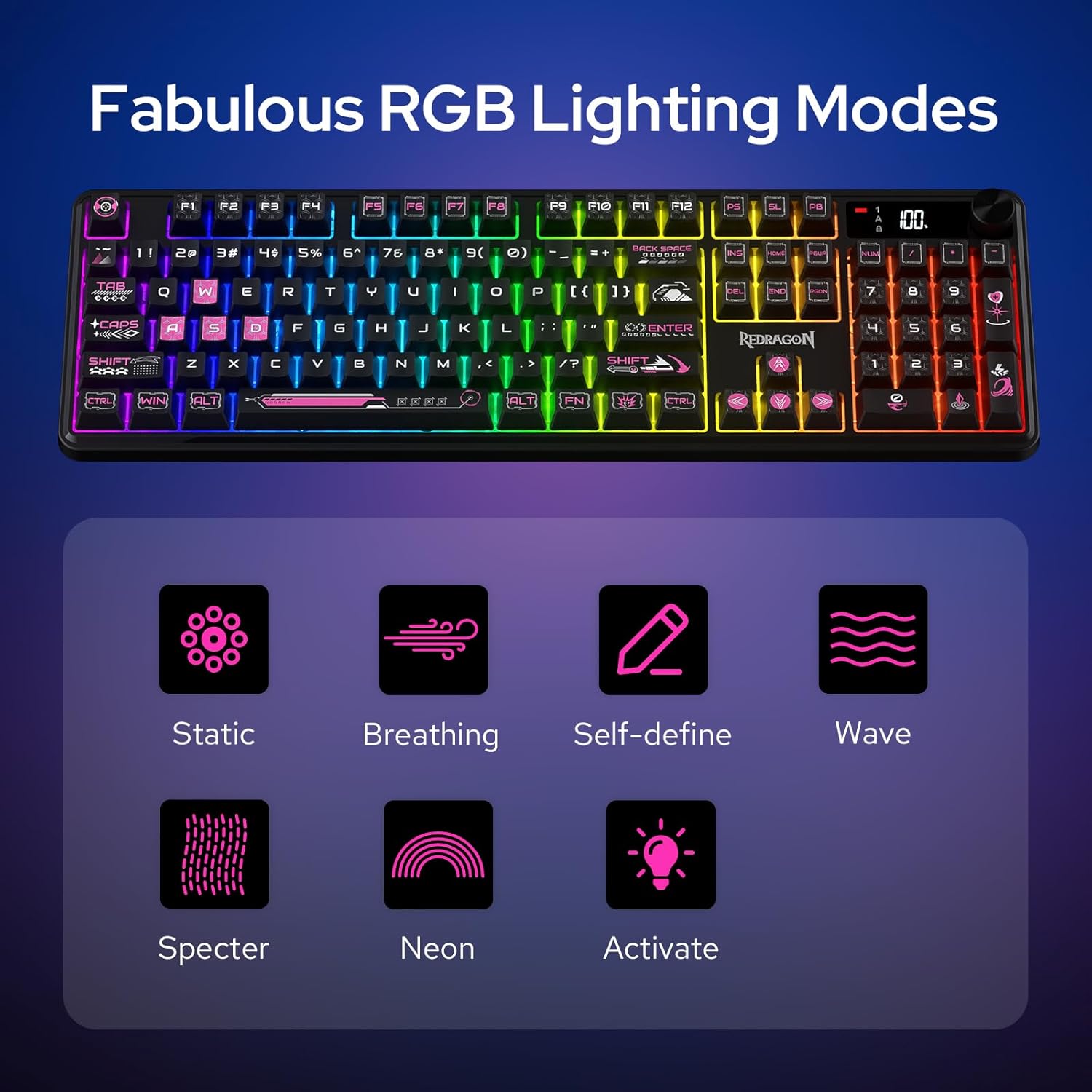 Redragon RM104 Pro Volcano Tri-Mode 104-Key Wireless RGB Membrane Mechanical Gaming Keyboard
