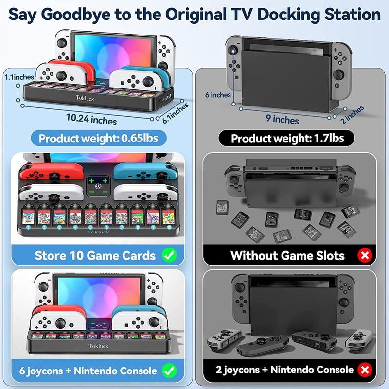 Tokluck TV Dock Station for Switch/ Switch OLED w/ Controller Charger & Game Slots (Black)