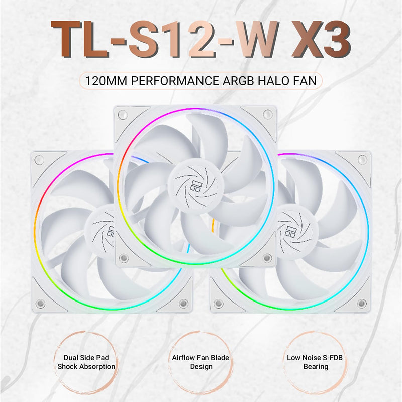 Thermalright TL-S12 120mm PWM ARGB Light Ring Case Fan (Black, White) (3-Pack)