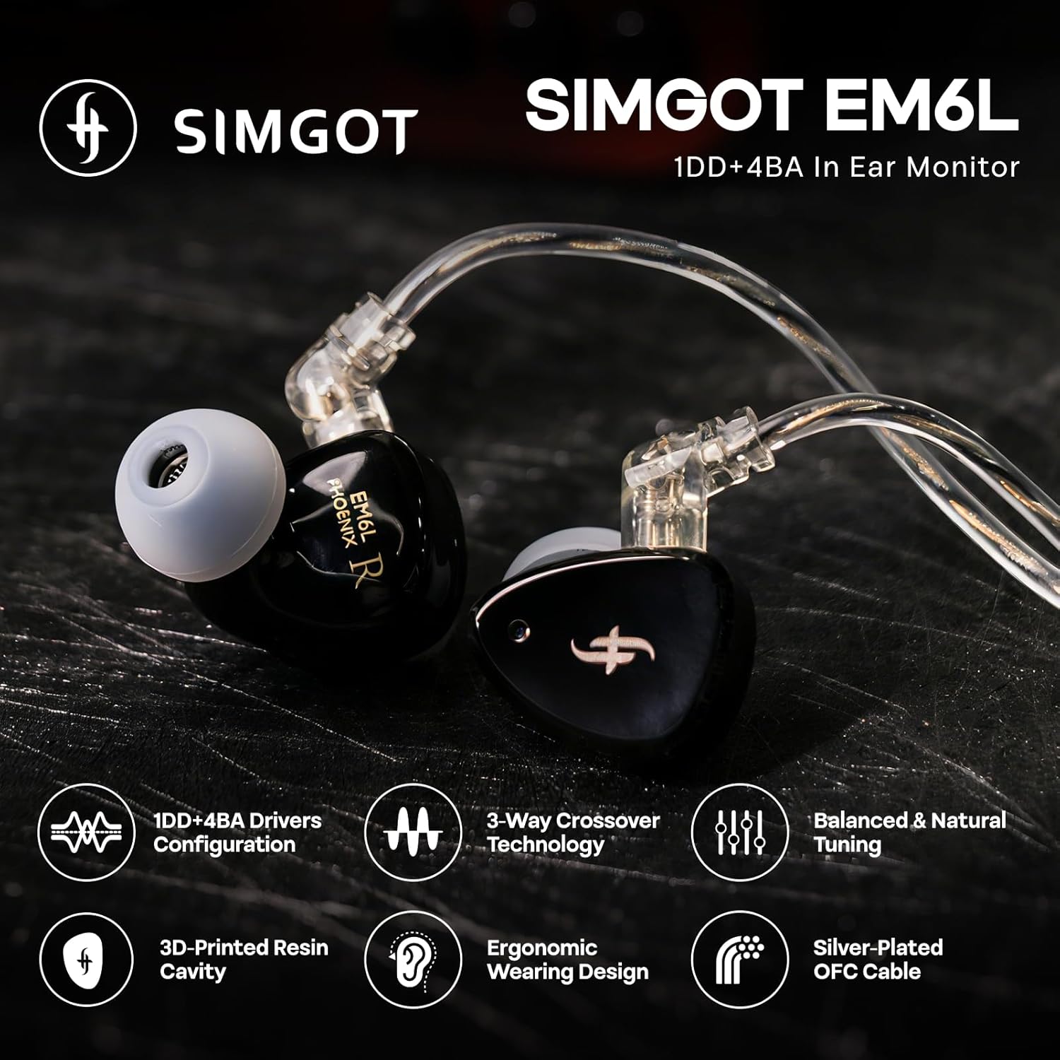 SIMGOT EM6L 1DD + 4BA Hybrid Driver, Detachable OFC Silver-Plated