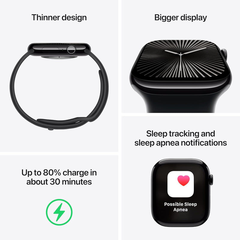 Apple Watch Series 10 GPS 42mm Aluminum Case with Black Sport Band - (Jet Black) (S/M, M/L) (MWWE3ZP/A, MWWF3ZP/A)