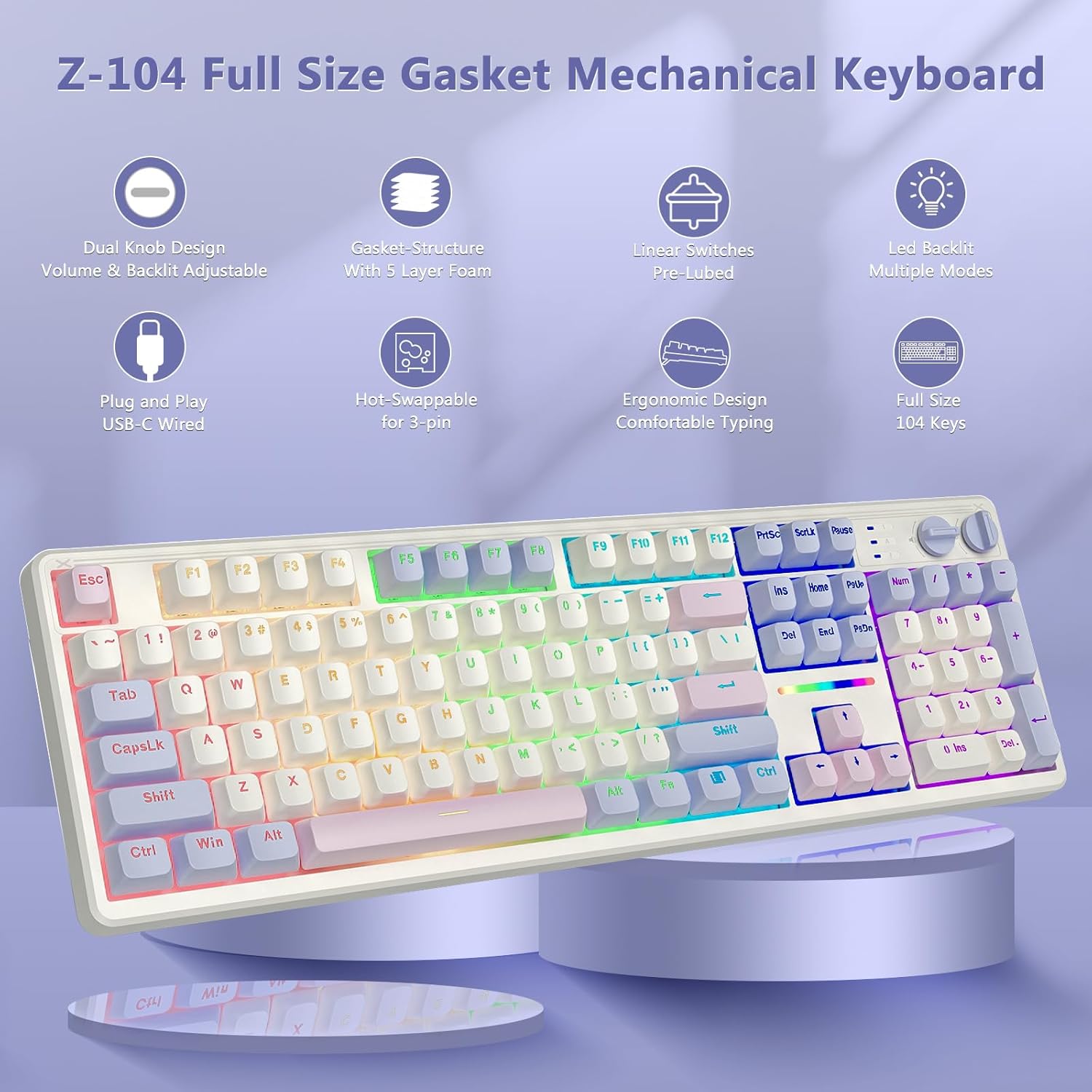 E-Yooso Z-104 RGB Wired Mechanical Keyboard White-Pink-Purple (Silverwood Switch)