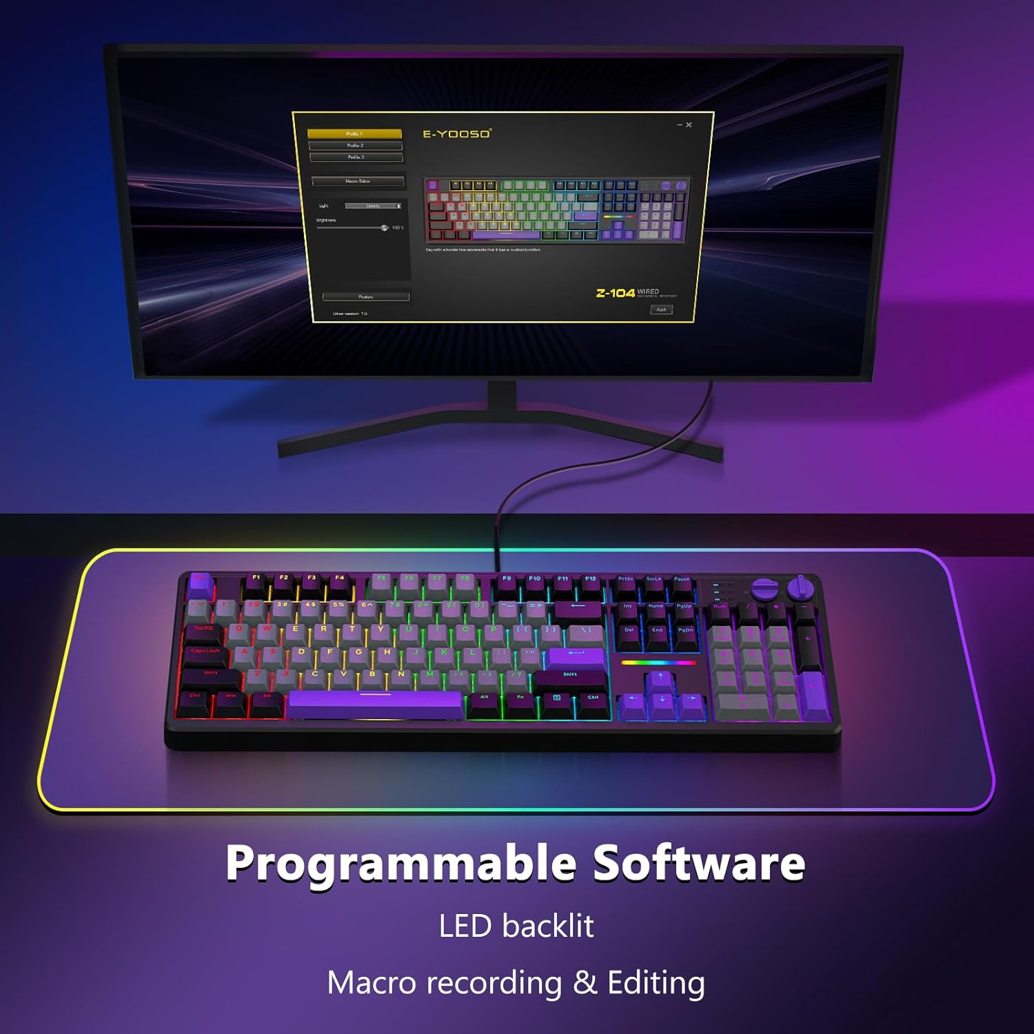 E-Yooso Z-104 Rainbow Light Wired Mechanical Keyboard Grey/Black/Purple (Silverwood Switch)
