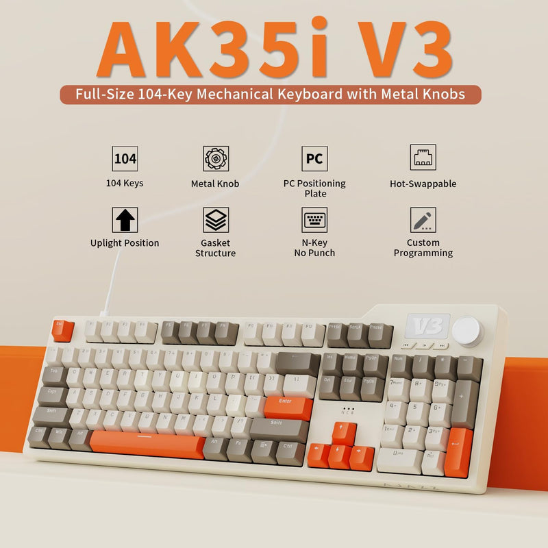 Ajazz AK35I V3 RGB Wired 100% 104-Keys Gasket-mounted Hot Swappable Mechanical Keyboard (Grey/Cream/Orange) (Sea Salt Switch)