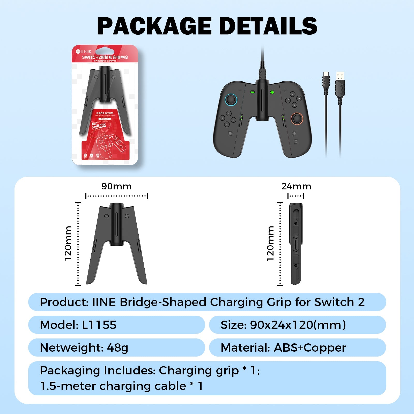 IINE Bridge-Shaped Charging Grip for Nintendo Switch 2 (Black) (L1155)