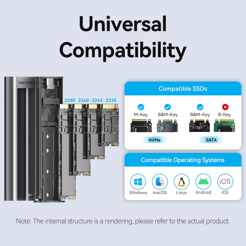 Vention M.2 NVMe & SATA SSD Enclosure (USB 3.2 Gen 2-C) with Heat Sink