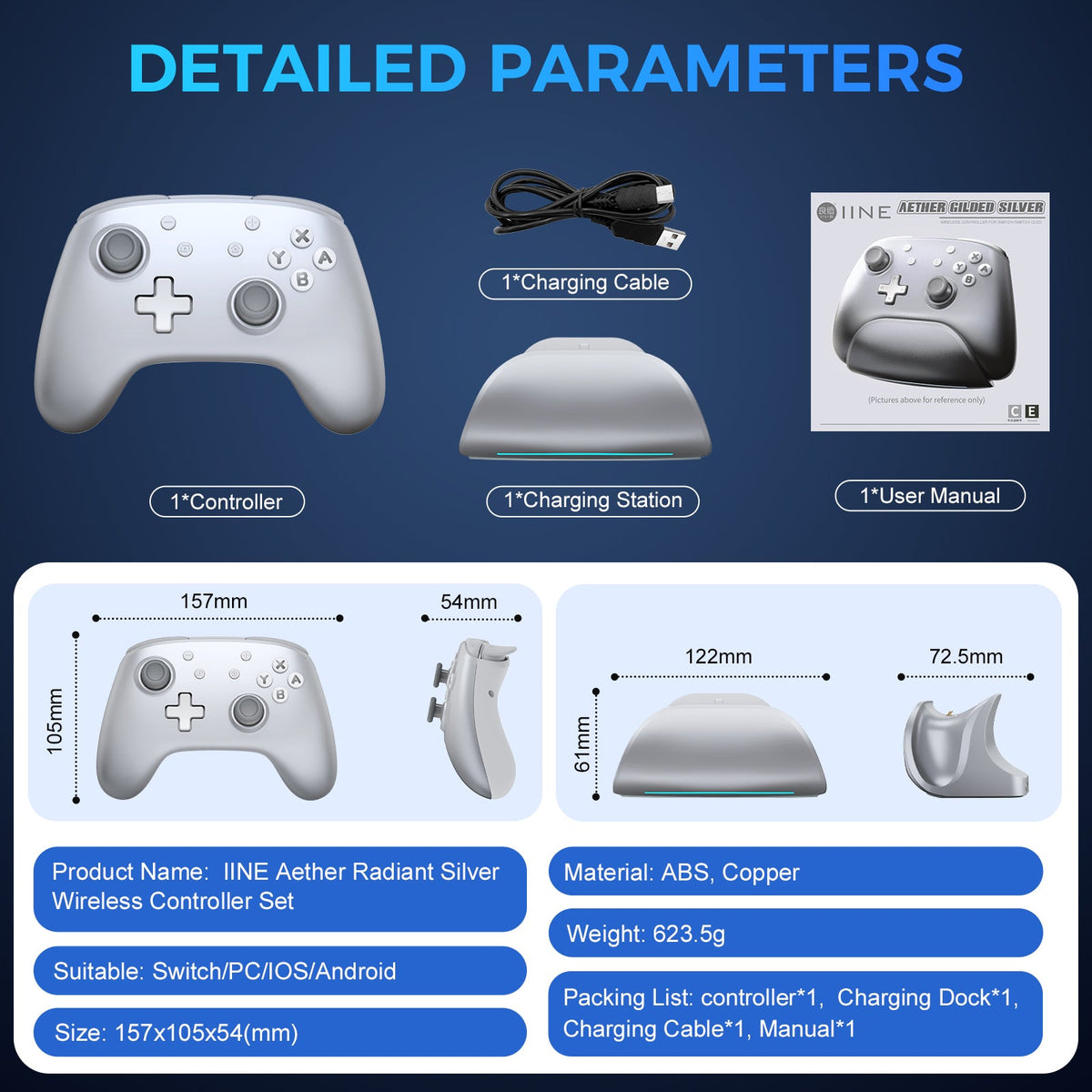 IINE Aether Radiant Silver Wireless Controller with Charging Dock